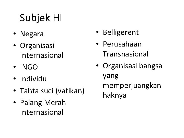 Subjek HI • Negara • Organisasi Internasional • INGO • Individu • Tahta suci Subjek HI • Negara • Organisasi Internasional • INGO • Individu • Tahta suci