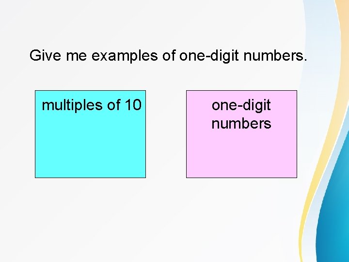Give me examples of one-digit numbers. multiples of 10 one-digit numbers 