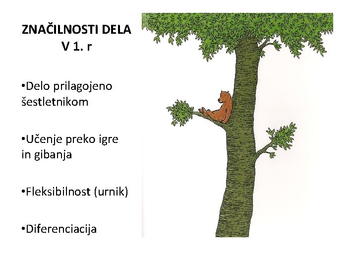 ZNAČILNOSTI DELA V 1. r • Delo prilagojeno šestletnikom • Učenje preko igre in