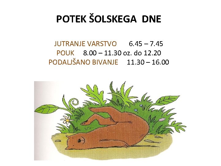 POTEK ŠOLSKEGA DNE JUTRANJE VARSTVO 6. 45 – 7. 45 POUK 8. 00 –