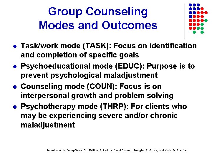 Group Counseling Modes and Outcomes l l Task/work mode (TASK): Focus on identification and
