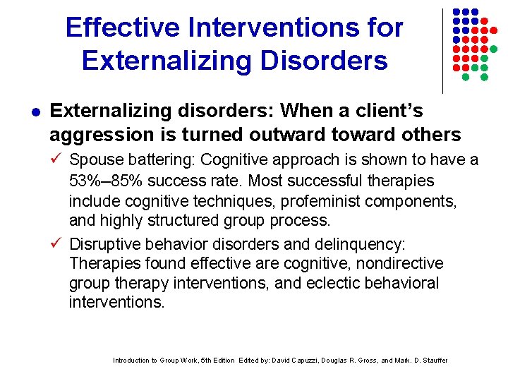 Effective Interventions for Externalizing Disorders l Externalizing disorders: When a client’s aggression is turned