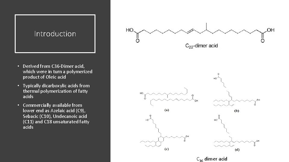 Introduction • Derived from C 36 -Dimer acid, which were in turn a polymerized