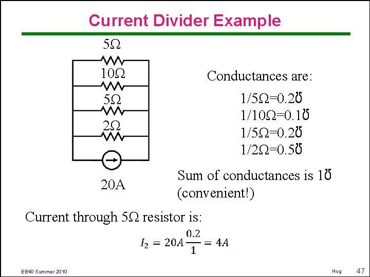 Current Divider Example 5Ω 10Ω Conductances are: 5Ω 1/5Ω=0. 2℧ 1/10Ω=0. 1℧ 1/5Ω=0. 2℧