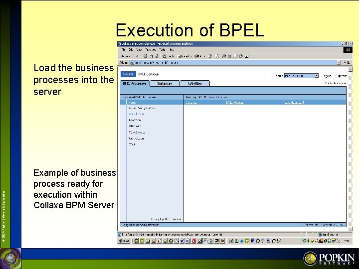 Execution of BPEL © 2004 Popkin Software & System Inc. Load the business processes