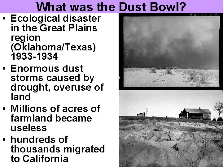 What was the Dust Bowl? • Ecological disaster in the Great Plains region (Oklahoma/Texas)