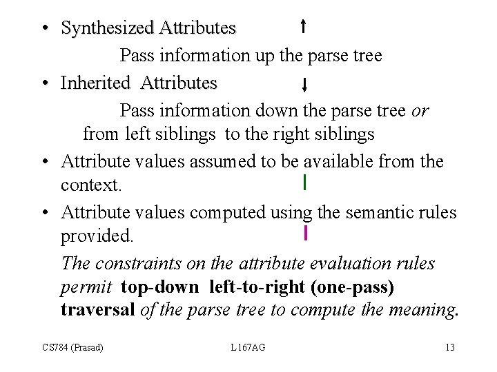  • Synthesized Attributes Pass information up the parse tree • Inherited Attributes Pass