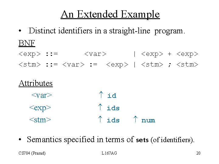An Extended Example • Distinct identifiers in a straight-line program. BNF <exp> : :