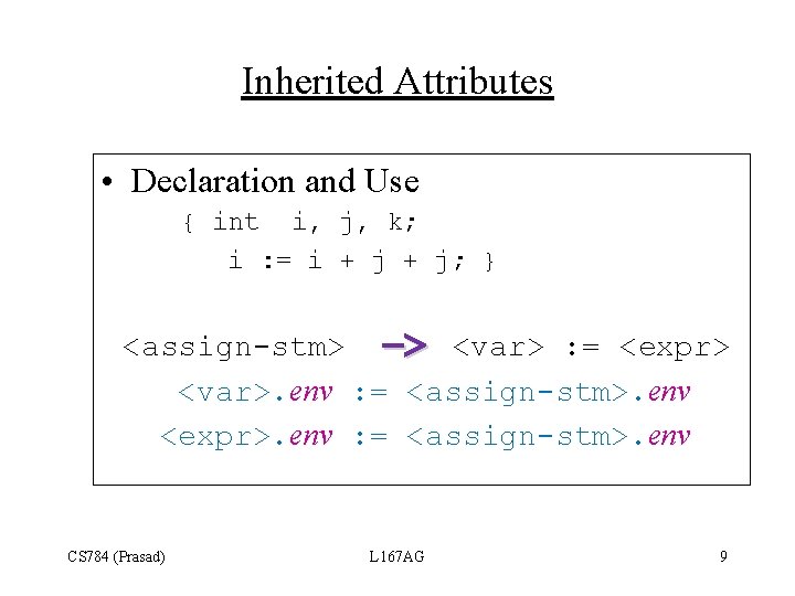Inherited Attributes • Declaration and Use { int i, j, k; i : =