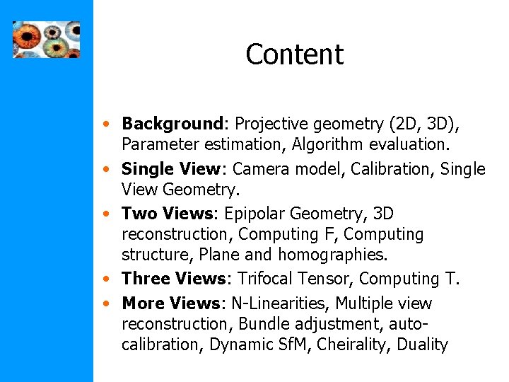 Content • Background: Projective geometry (2 D, 3 D), Parameter estimation, Algorithm evaluation. •