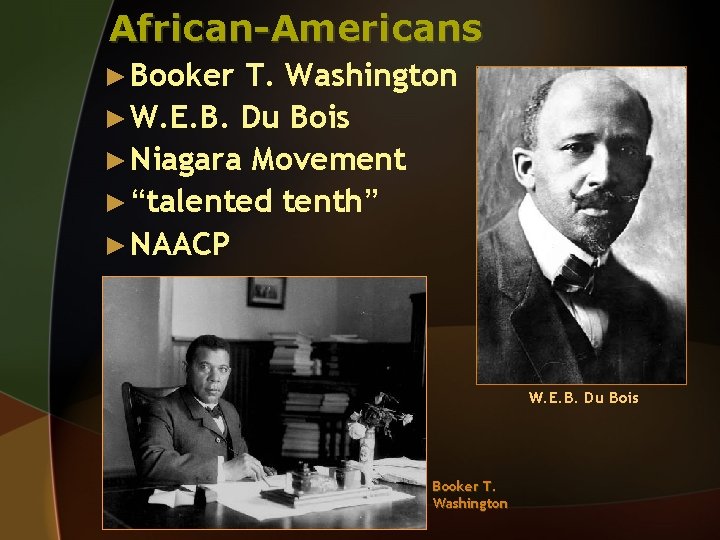 African-Americans ► Booker T. Washington ► W. E. B. Du Bois ► Niagara Movement