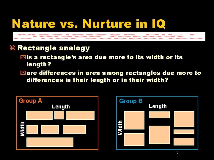Nature vs. Nurture in IQ z Rectangle analogy y is a rectangle’s area due