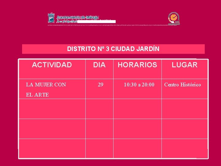 DISTRITO Nº 3 CIUDAD JARDÍN ACTIVIDAD LA MUJER CON EL ARTE DIA 29 HORARIOS