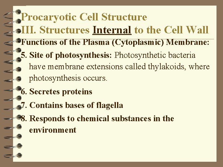 Procaryotic Cell Structure III. Structures Internal to the Cell Wall Functions of the Plasma Procaryotic Cell Structure III. Structures Internal to the Cell Wall Functions of the Plasma