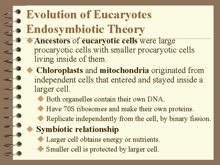 Evolution of Eucaryotes Endosymbiotic Theory u Ancestors of eucaryotic cells were large procaryotic cells Evolution of Eucaryotes Endosymbiotic Theory u Ancestors of eucaryotic cells were large procaryotic cells