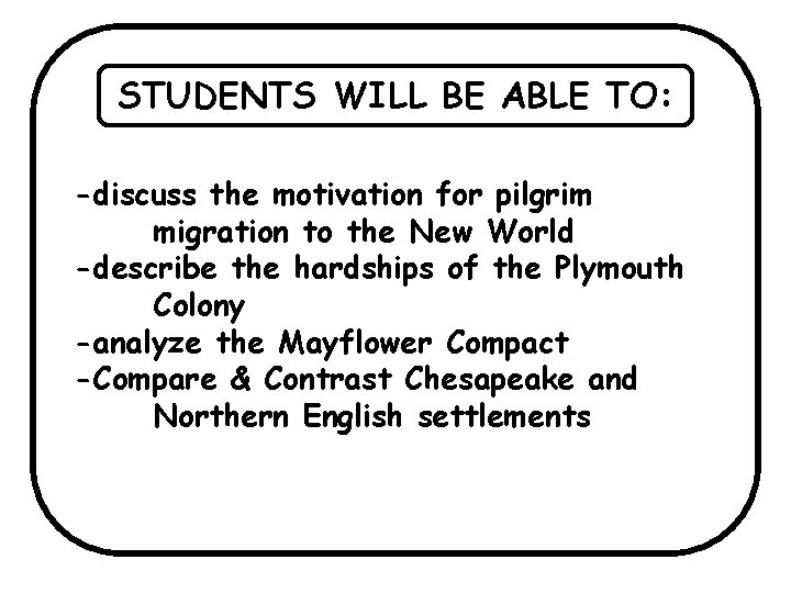 STUDENTS WILL BE ABLE TO: -discuss the motivation for pilgrim migration to the New