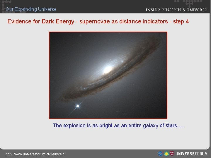 Our Expanding Universe Evidence for Dark Energy - supernovae as distance indicators - step
