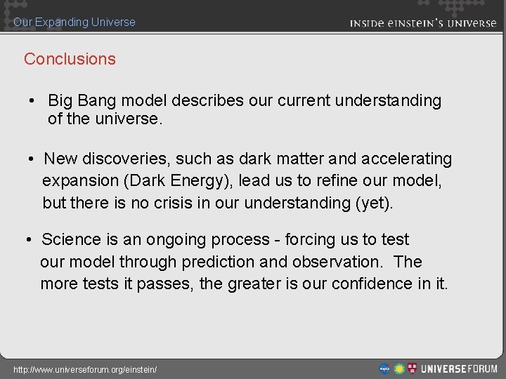 Our Expanding Universe Conclusions • Big Bang model describes our current understanding of the