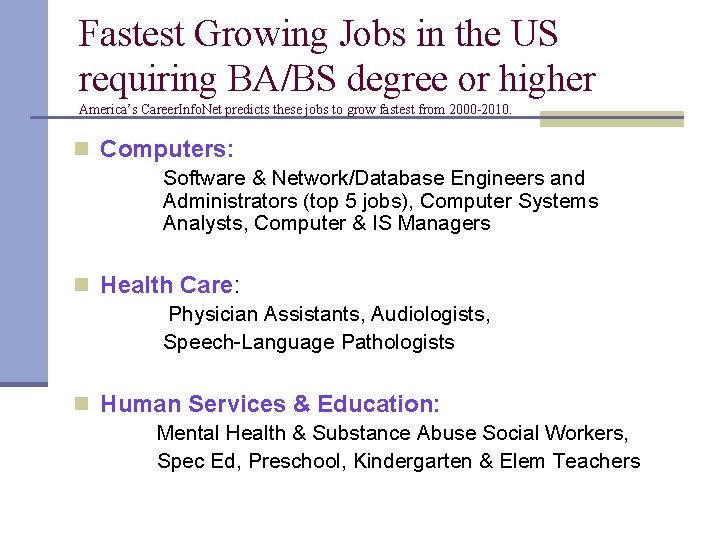 Fastest Growing Jobs in the US requiring BA/BS degree or higher America’s Career. Info.