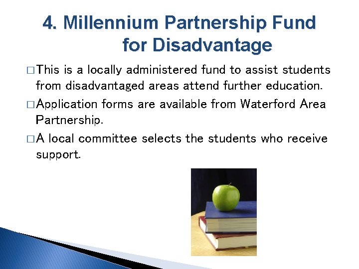 4. Millennium Partnership Fund for Disadvantage � This is a locally administered fund to