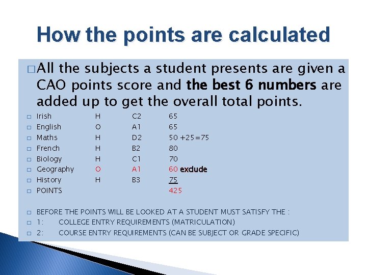 How the points are calculated � All the subjects a student presents are given