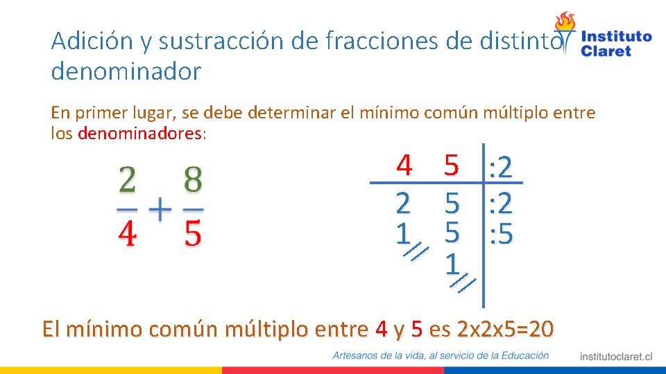 Adición y sustracción de fracciones de distinto denominador En primer lugar, se debe determinar