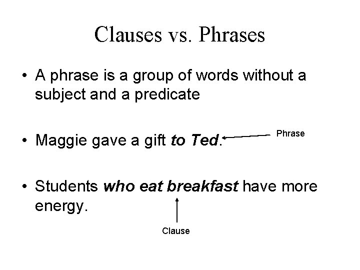 Clauses vs. Phrases • A phrase is a group of words without a subject