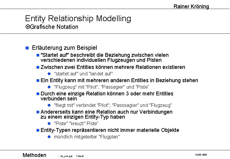 Rainer Kröning Entity Relationship Modelling ¤Grafische Notation n Erläuterung zum Beispiel n "Startet auf"