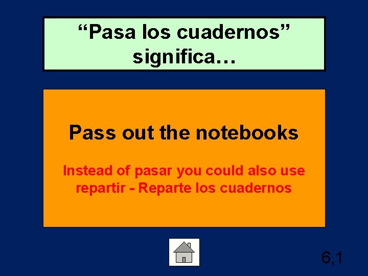 “Pasa los cuadernos” significa… Pass out the notebooks Instead of pasar you could also