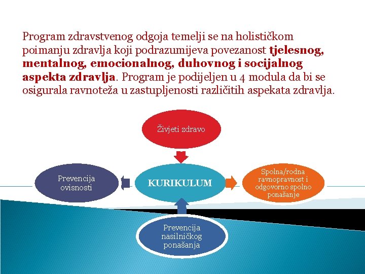 Program zdravstvenog odgoja temelji se na holističkom poimanju zdravlja koji podrazumijeva povezanost tjelesnog, mentalnog,