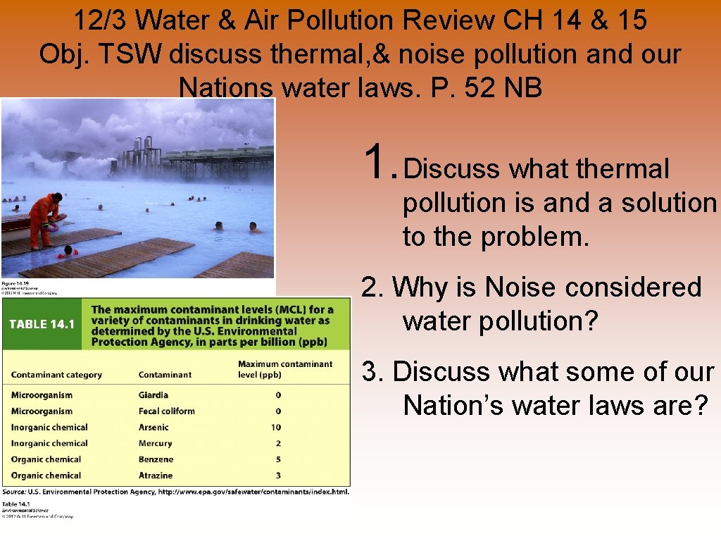 12/3 Water & Air Pollution Review CH 14 & 15 Obj. TSW discuss thermal,