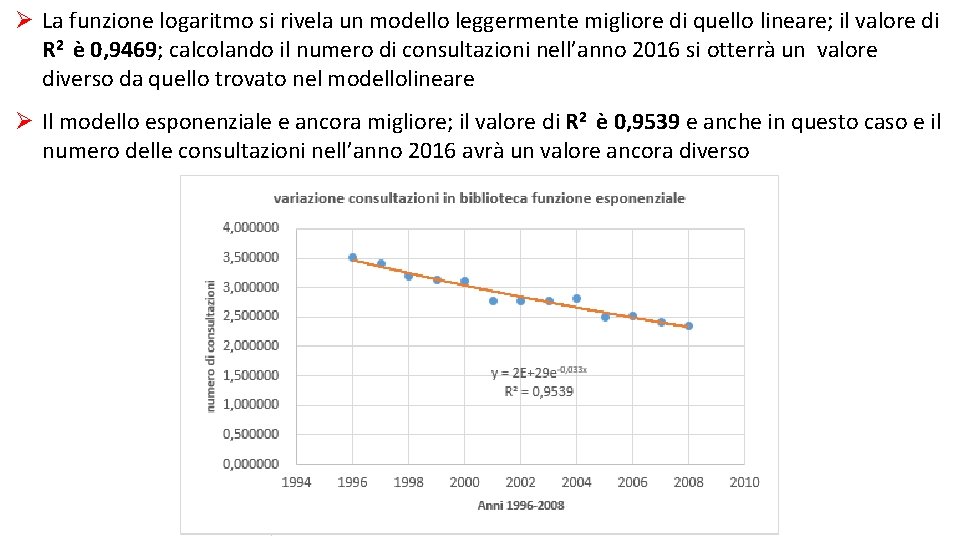 Ø La funzione logaritmo si rivela un modello leggermente migliore di quello lineare; il