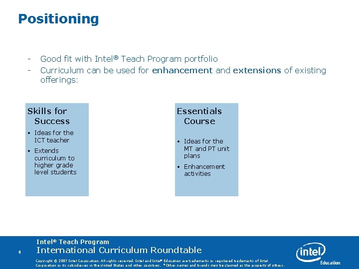 Positioning - Good fit with Intel® Teach Program portfolio Curriculum can be used for