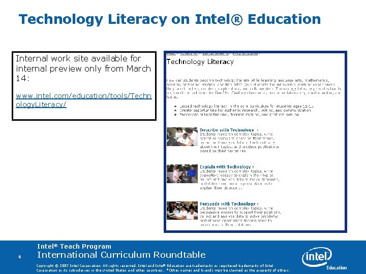 Technology Literacy on Intel® Education Internal work site available for internal preview only from