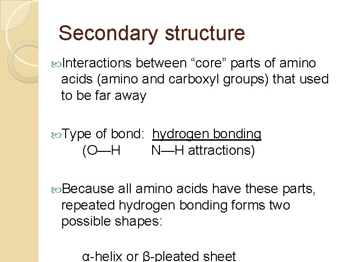 Secondary structure Interactions between “core” parts of amino acids (amino and carboxyl groups) that
