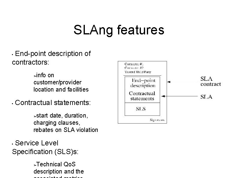 SLAng features End-point description of contractors: • info on customer/provider location and facilities ➢ SLAng features End-point description of contractors: • info on customer/provider location and facilities ➢