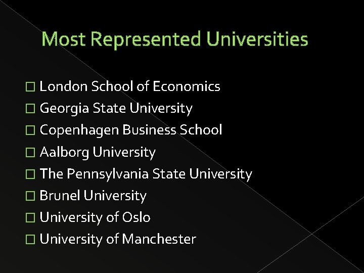 Most Represented Universities � London School of Economics � Georgia State University � Copenhagen