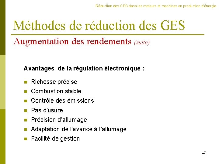 Réduction des GES dans les moteurs et machines en production d'énergie Méthodes de réduction