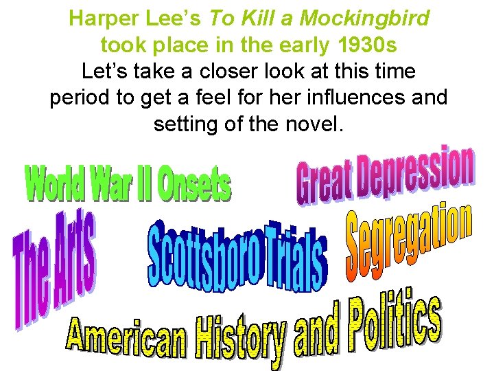 Harper Lee’s To Kill a Mockingbird took place in the early 1930 s Let’s