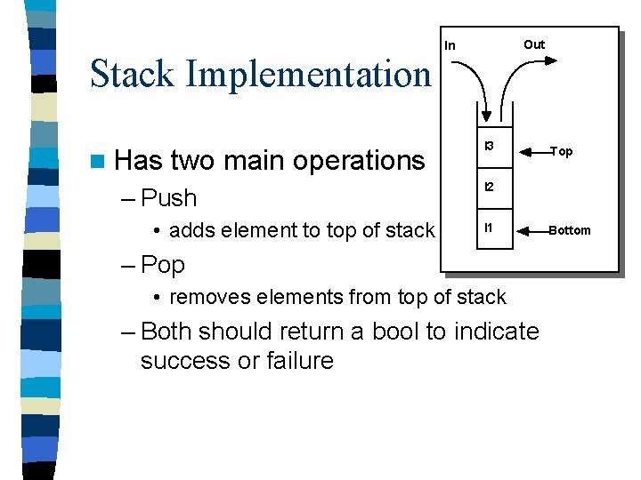 Stack Implementation n Has two main operations – Push • adds element to top