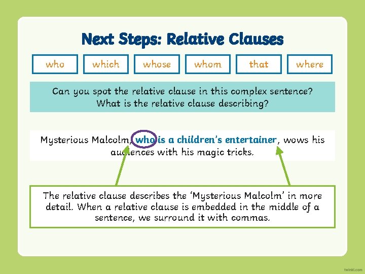 Next Steps: Relative Clauses who which whose whom that where Can you spot the