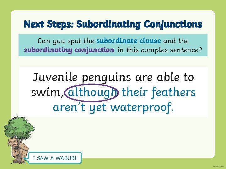 Next Steps: Subordinating Conjunctions Can you spot the subordinate clause and the subordinating conjunction