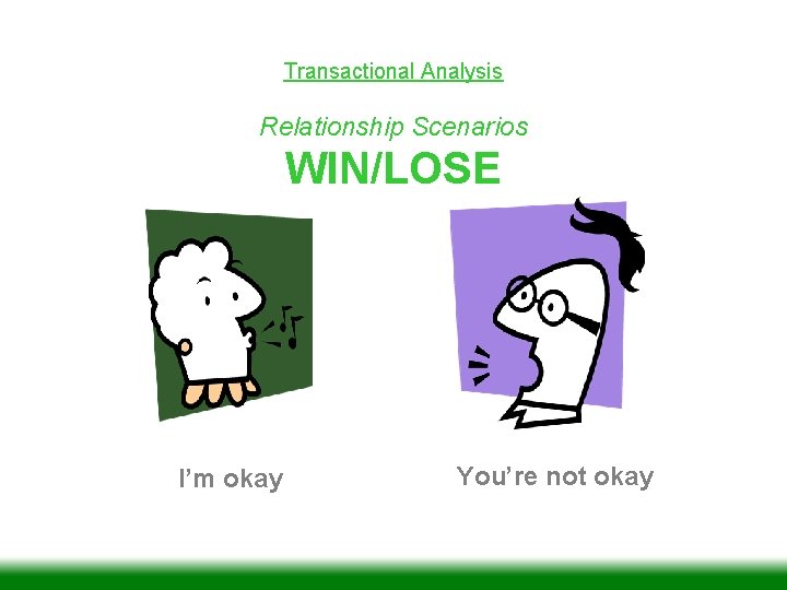 Transactional Analysis Relationship Scenarios WIN/LOSE I’m okay You’re not okay 