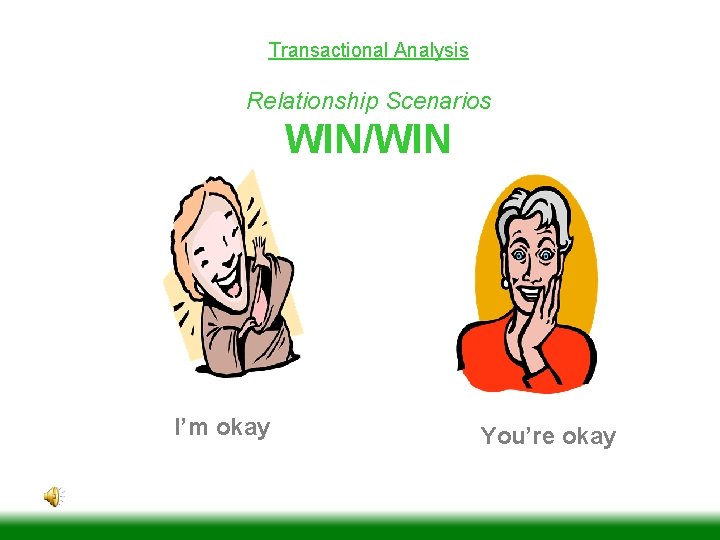 Transactional Analysis Relationship Scenarios WIN/WIN I’m okay You’re okay 