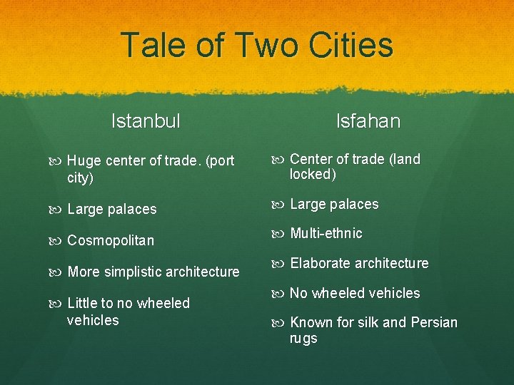 Tale of Two Cities Istanbul Isfahan Huge center of trade. (port city) Center of