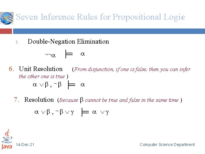 Seven Inference Rules for Propositional Logic 5. Double-Negation Elimination 6. Unit Resolution (From disjunction,