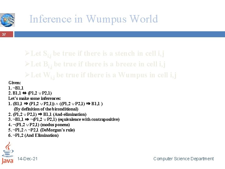 Inference in Wumpus World 37 ØLet Si, j be true if there is a