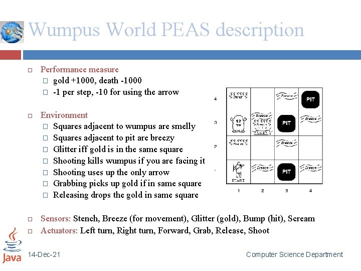Wumpus World PEAS description Performance measure � gold +1000, death -1000 � -1 per
