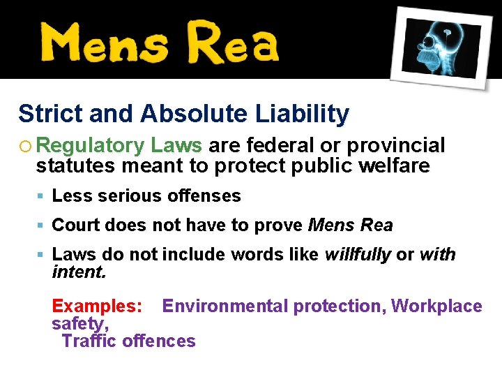 Strict and Absolute Liability Regulatory Laws are federal or provincial statutes meant to protect