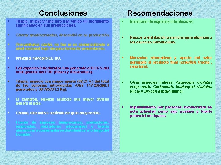 Conclusiones § Tilapia, trucha y rana toro han tenido un incremento significativo en sus